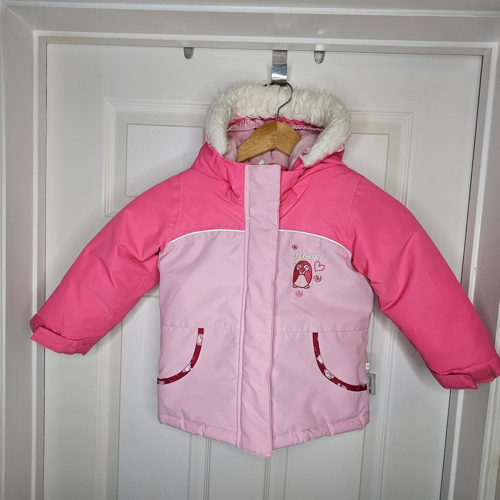 Gusti Girls Pink Winter Coat Two-Tone Penguin Graphic Fleece Lined Size 2T